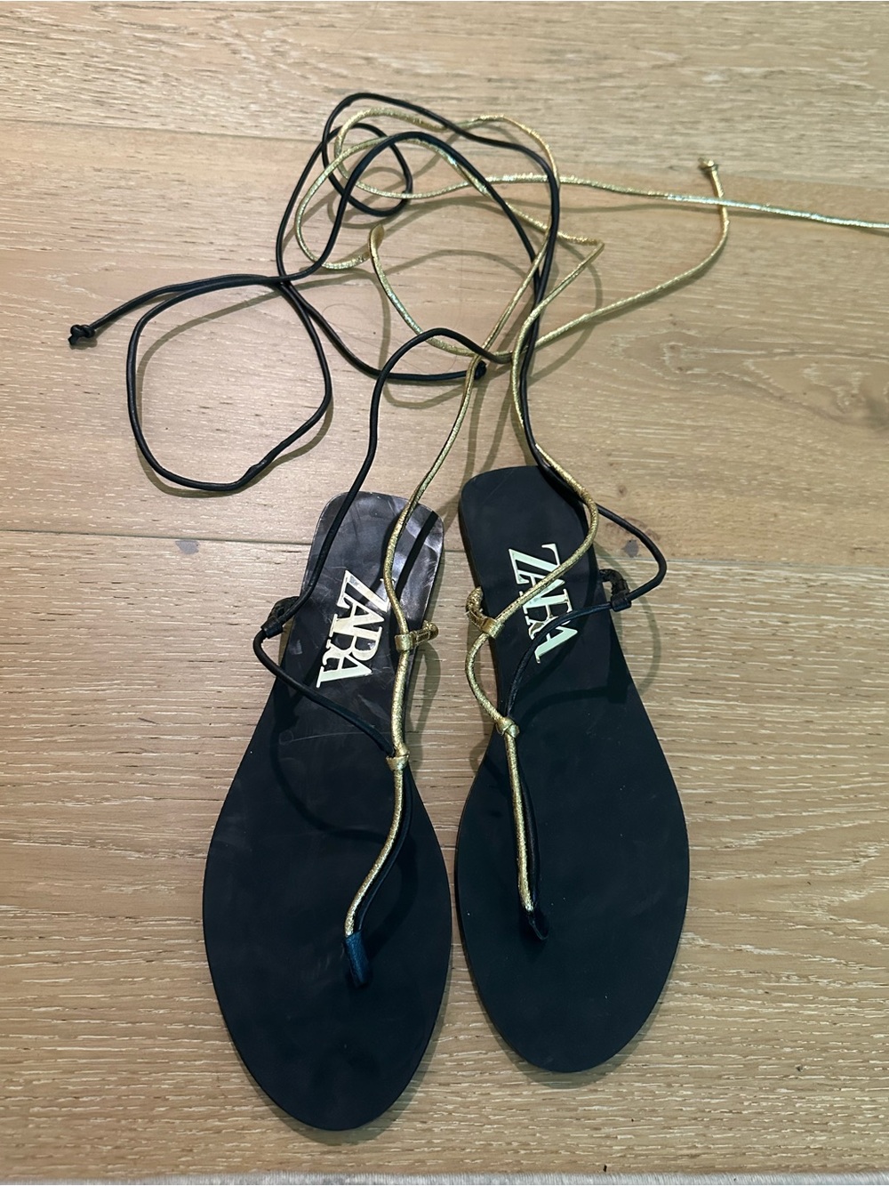 ZARA Black and Gold Lace-Up Flat Sandals